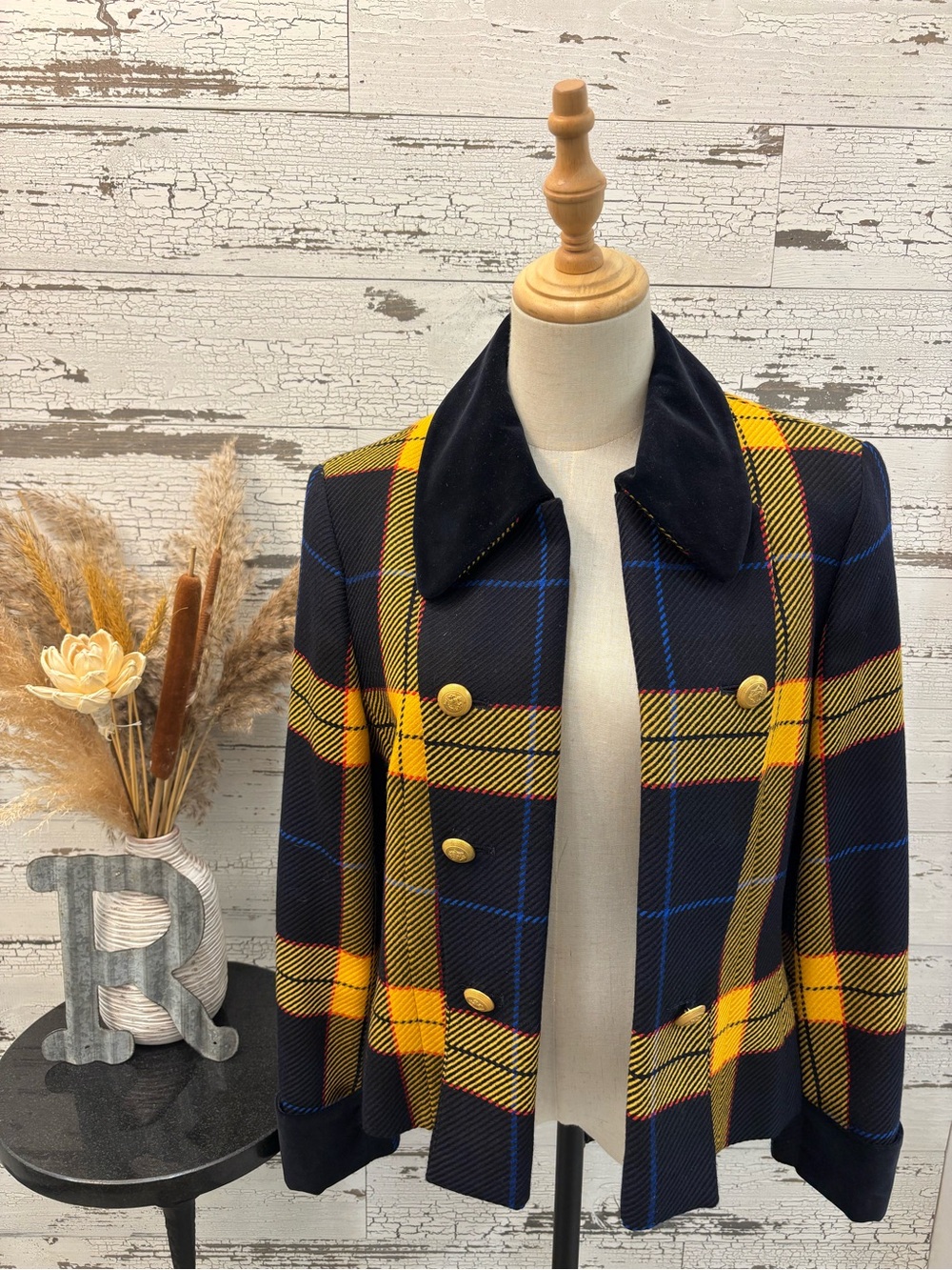 Mondi Navy and Yellow Plaid Double-Breasted Pea Coat